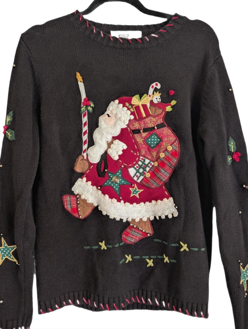 Vintage Kikit Ugly Christmas Holiday sweater Santa Patchwork Knit M